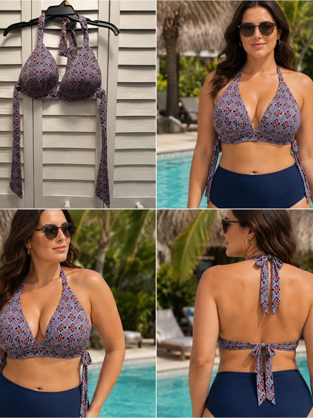 Liz Claiborne Bikini Top Size 14 Pink Blue Paisley Halter Y2K Boho Coquette Swim